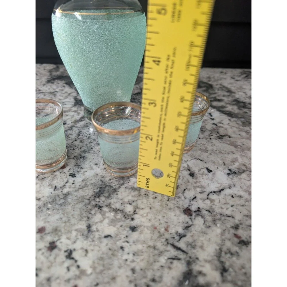 Vintage USSR Red Giant Green Sand Decanter 4 Shot Glasses Soviet Glass Set